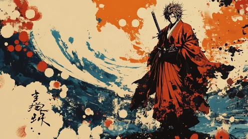 Lone samurai strides through abstract waves of fire and ink