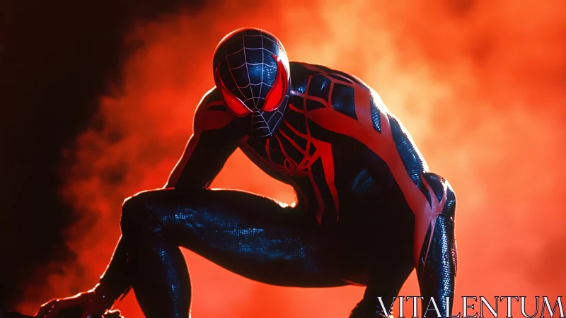 Spider suited figure crouches in front of intense red smoke