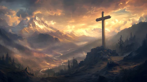 Monolithic wooden cross above glacial valley at solar dusk.