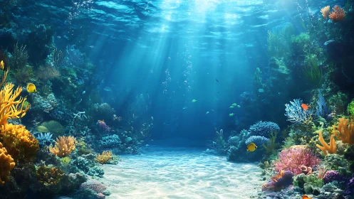 Sunlit tropical coral reef with diverse marine organisms.