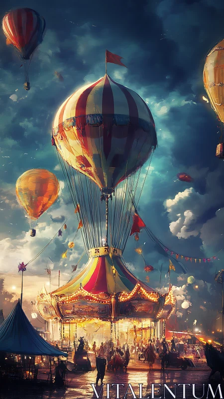 Carnival carousel rises as hot air balloons glow at dusk