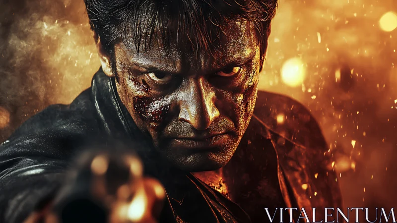 Battle-scarred man glares through sparks in fiery darkness