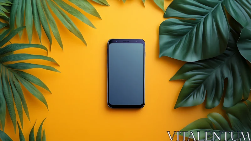 Smartphone Display Surrounded by Tropical Foliage on Yellow Background.