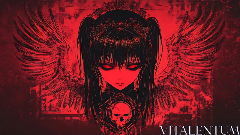 Dark winged anime girl portrait with crimson skull emblem