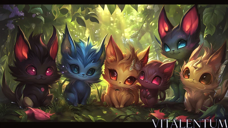 Five anthropomorphic felines with luminescent eyes in forest environment