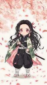 Chibi swordsman in uniform under soft pink cherry blossoms.