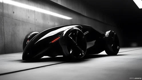 Futuristic black concept car in minimalist tunnel lighting.