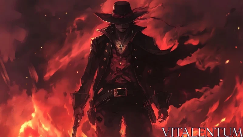 Gun-toting shadow strides from wildfire dusk with quiet fury