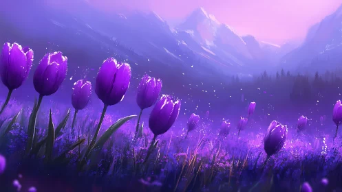 Purple tulip field under glowing pink mountain sunset.