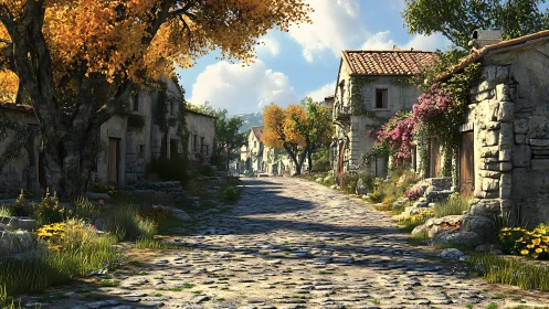 Quiet stone village street lined with trees and flowers.