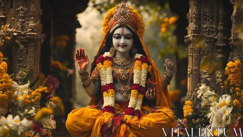 Garlanded goddess statue glowing in marigold temple hush.