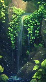 Luminous forest waterfall framed by cascading ivy foliage.