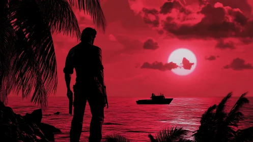 Crimson tide holds a lone gunman watching the vanishing boat