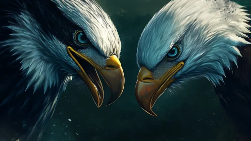 Two Bald Eagles in Dramatic Digital Art Face-Off, Intense Stares.
