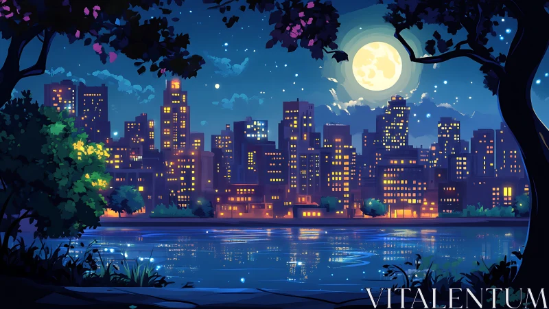 Luminous urban skyline mirrored across nocturnal lakeside water.