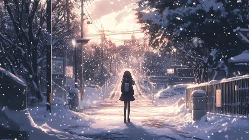 Backlit urban snowfall corridor with solitary student silhouette.