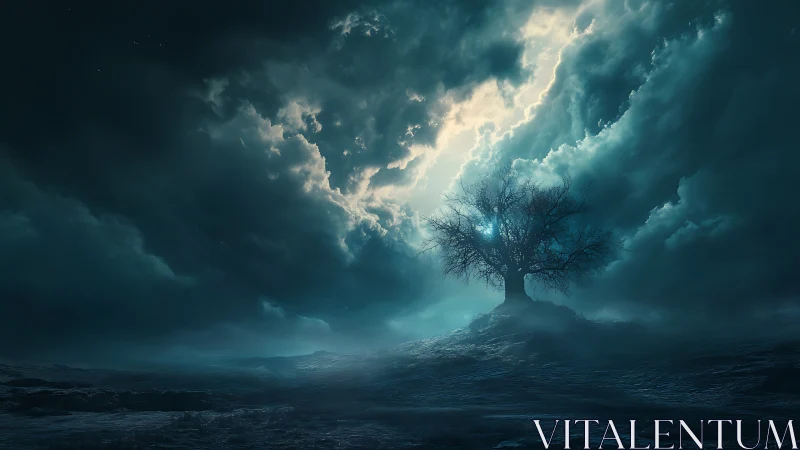 Lone twilight tree holding steady beneath stormlit clouds.