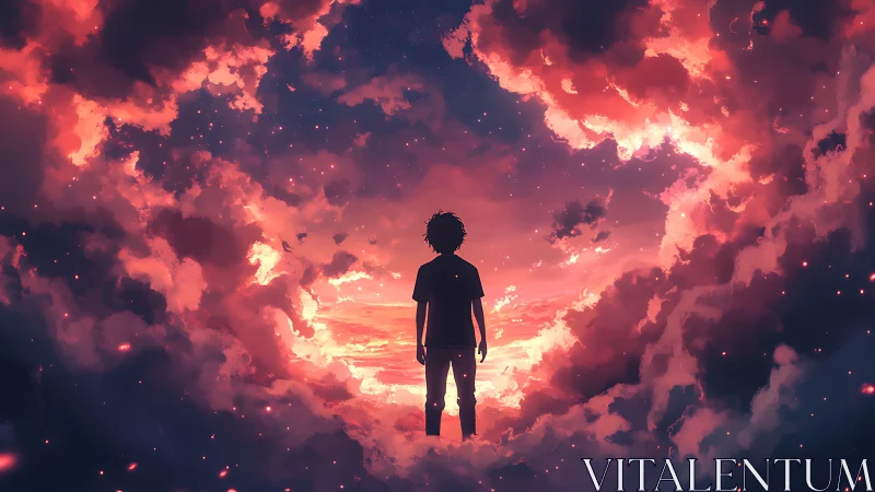 Silhouetted figure stands against luminous red cloud vortex