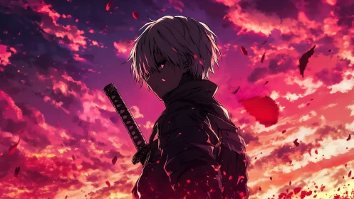 Lone white-haired swordsman stands beneath a burning sky.