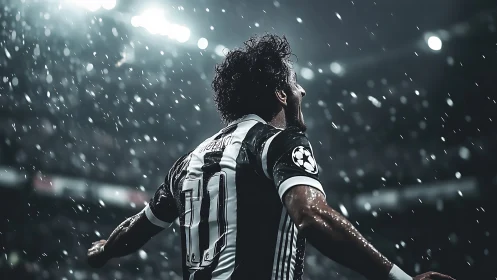 Soccer player celebrates in heavy rain under stadium lights