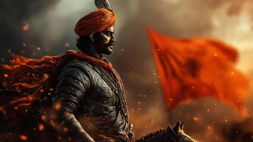 Cinematic warrior portrait in armor with Indian flag backlit by embers