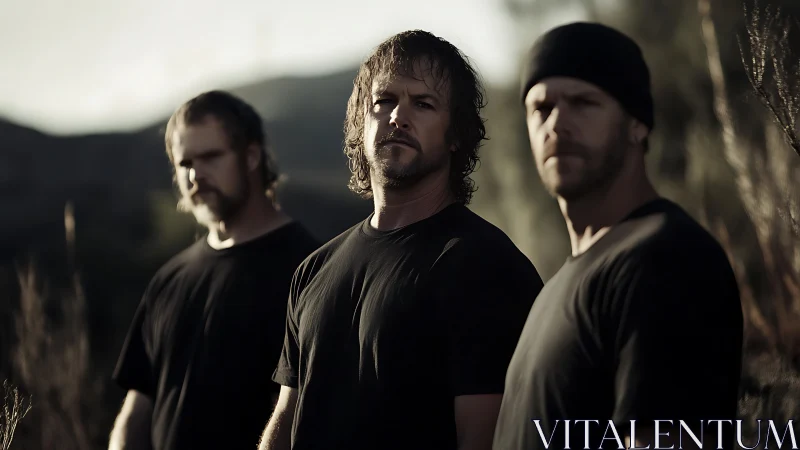 Three men in shallow focus portrait under muted outdoor light