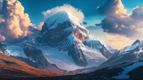 Snow-covered mountain peak dominates a dramatic cloudy sky
