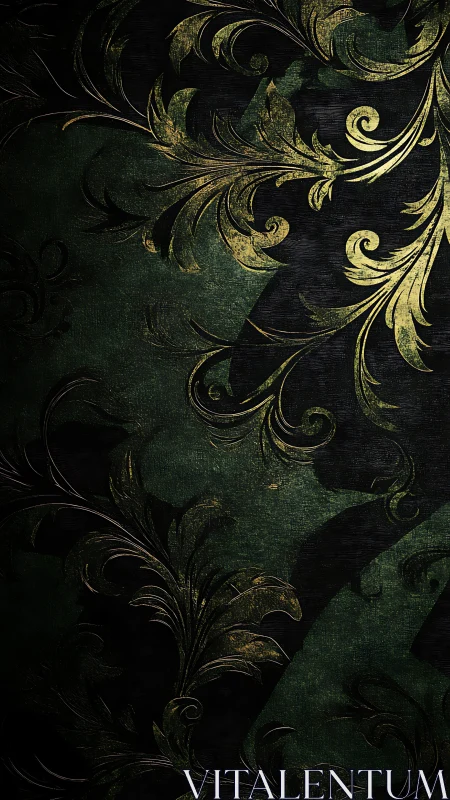 Dark emerald damask scrolls glow with antique gold drama