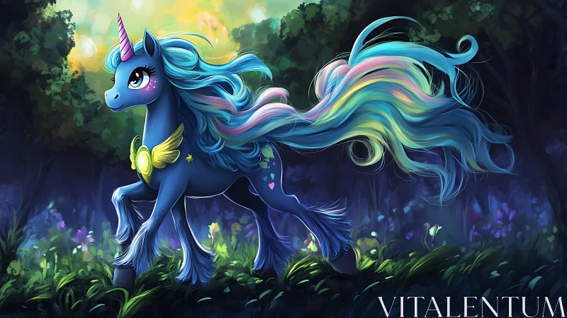 Blue unicorn with flowing rainbow mane in forest at dusk.
