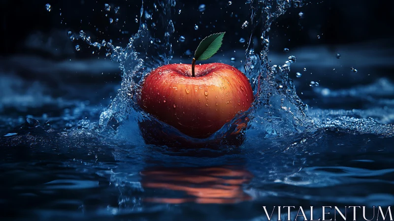 Crimson apple cannonballs into sapphire dusk water with flair