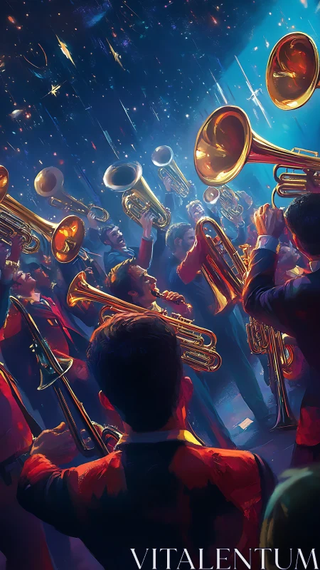Brass band musicians fill a starry night with shining sound