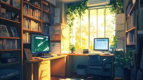 Sunlit research studio where books, screens and vines converse.