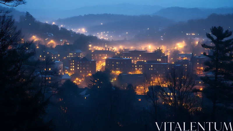 Hillside town at dusk with glowing street and window lights.
