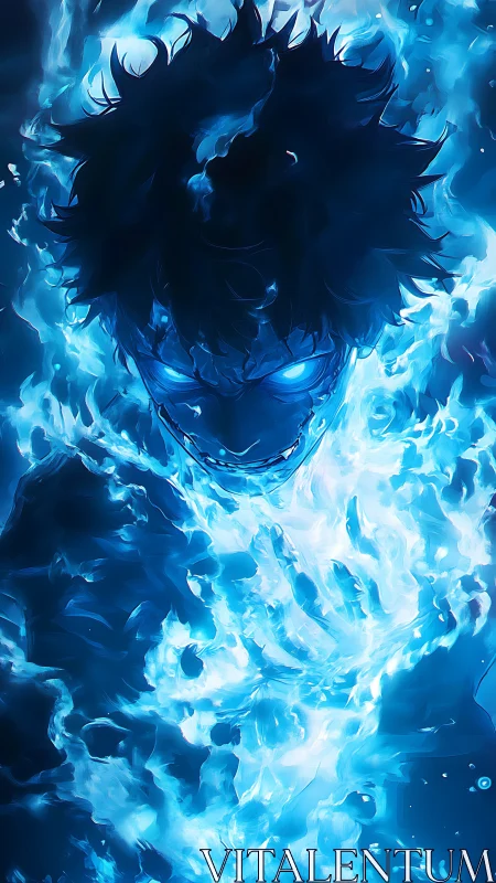 Blue inferno avatar rising from void-lit currents.