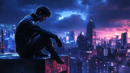 Solitary rooftop sentinel in neon-soaked nocturnal megacity.