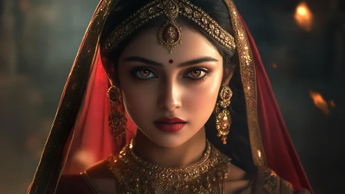 Regal Indian bride gazes forward under ornate golden veil