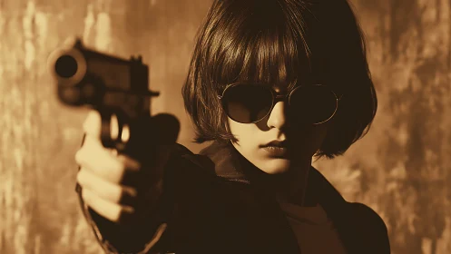 Mysterious woman in sunglasses pointing gun, cinematic noir style.