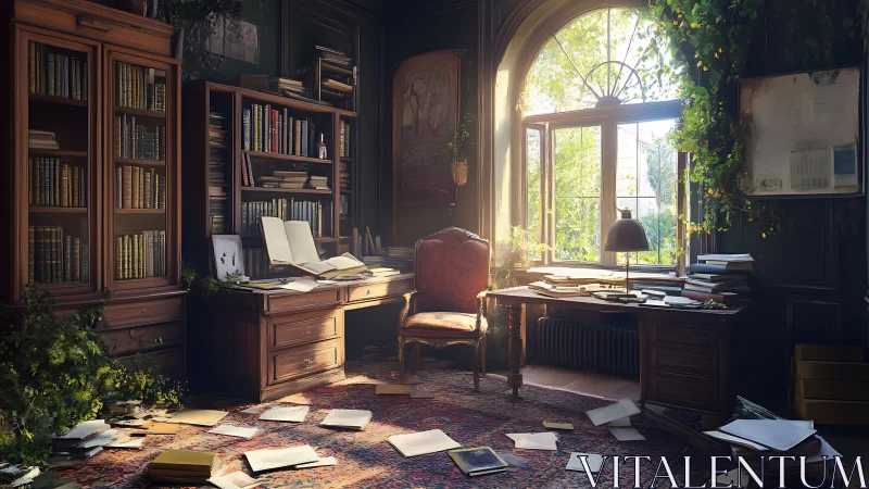Sunlit study interior shows cluttered desks and wall bookshelves