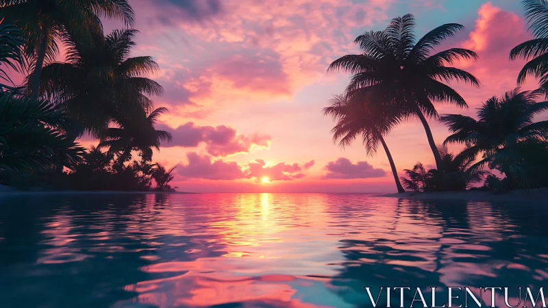 Soft tropical sunset melting into a dreamy pastel lagoon.