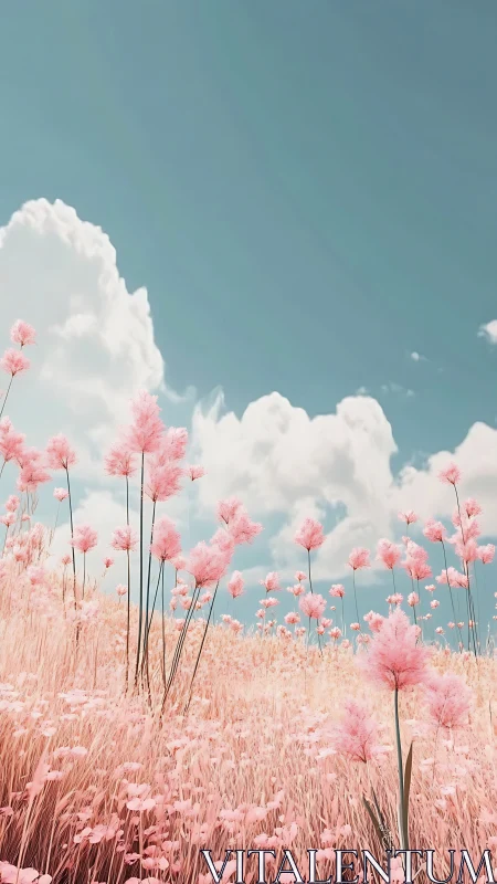 Cotton-candy grassland under cyan sky with volumetric clouds.