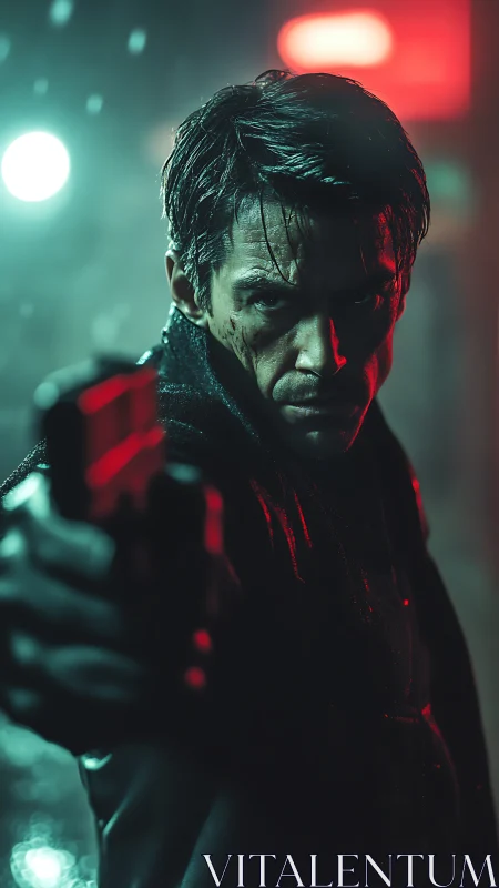 Rain-slicked vigilante aims through neon-soaked midnight streets.