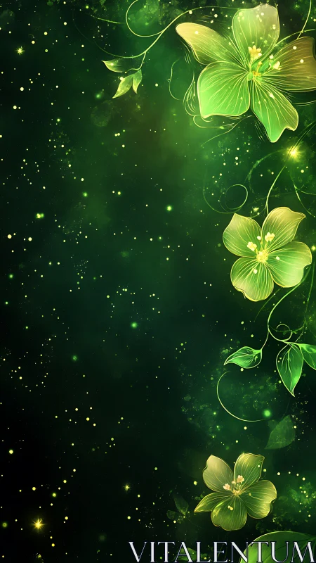 Glowing Green Flowers Against Dark Digital Background
