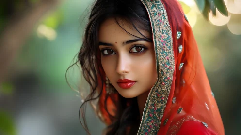 Portrait of a young woman in ornate red dupatta glows softly
