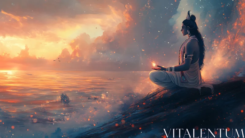 Figure meditates on rocky shore facing luminous ocean sunset