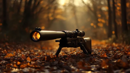 Autumn sniper rifle resting quiet in molten forest light.