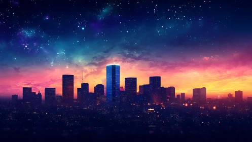 Neon skyline dreaming beneath a star-splashed cosmic dusk.
