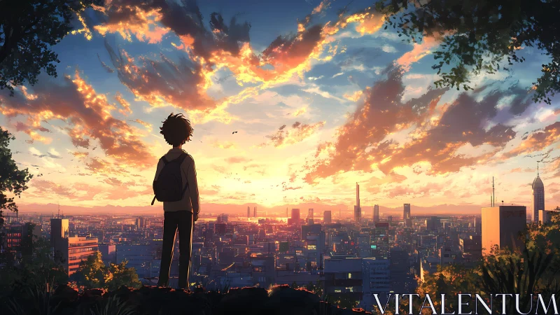 Backlit adolescent silhouette surveying volumetric sunset cityscape.