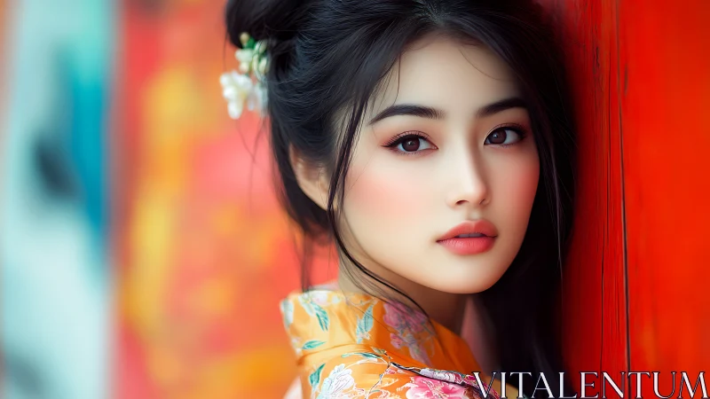 Elegant portrait of kimono-clad woman by vivid vermilion wall.