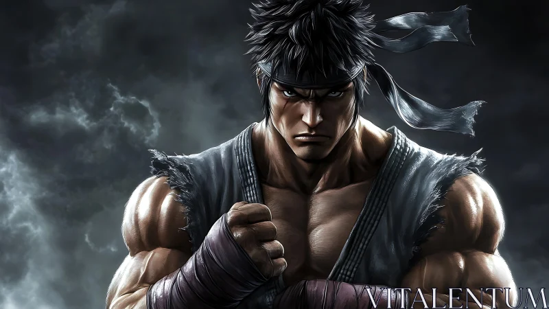 Muscular martial artist ready for combat in stormy scene.