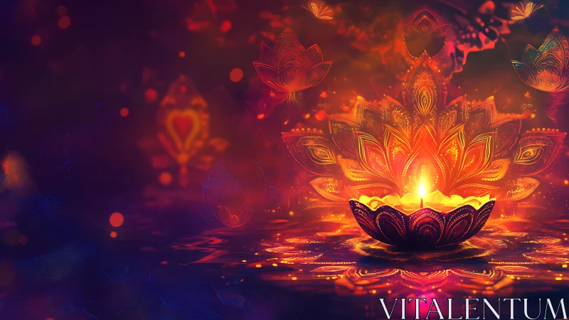 Digital painting of ornate Diwali diya with glowing mandala backdrop.